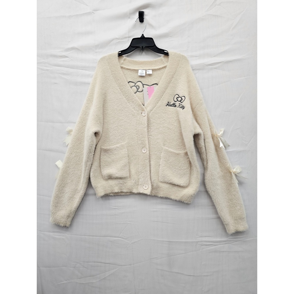 Hello Kitty Sanrio Cream Fuzzy Cardigan Sweater Bow Sleeves Coquette Large NEW